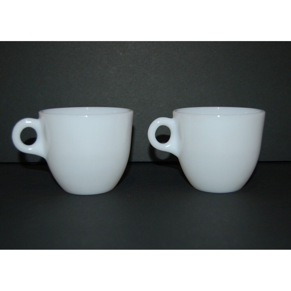 Two (2) Federal Oven Ware Milk Glass Coffee Mugs Cups O Ring Handle Heat Proof